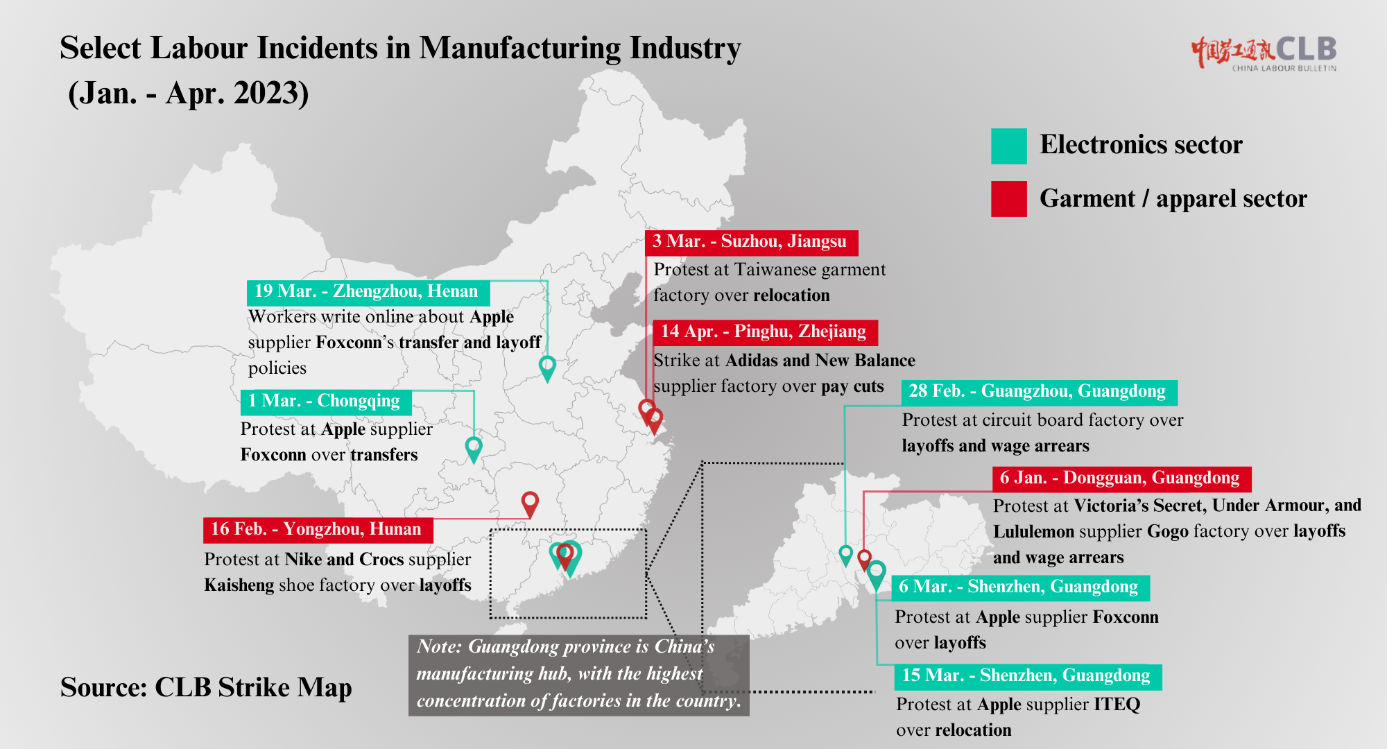 A CLB graphic displays the case studies mentioned in this article over a map of China