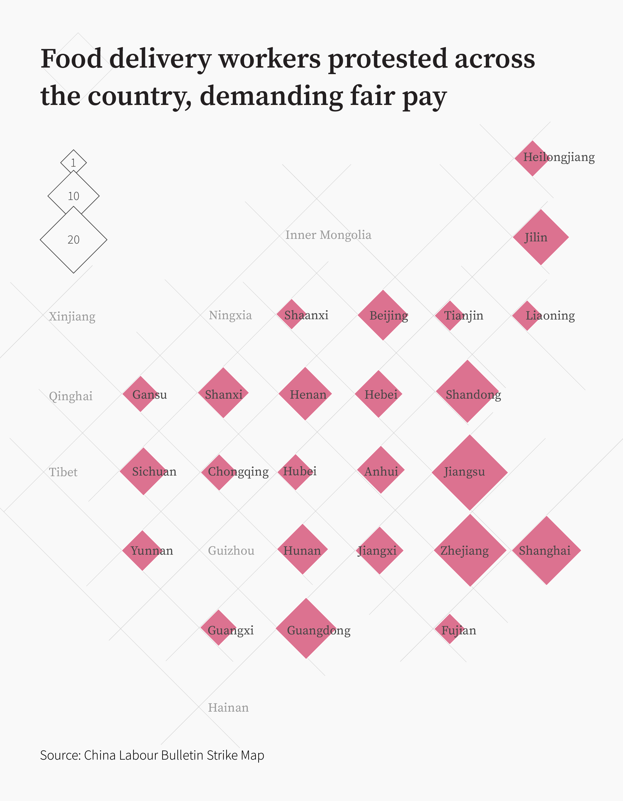 A CLB graphic shows the the size and scale of food delivery rider protests across China in 2018