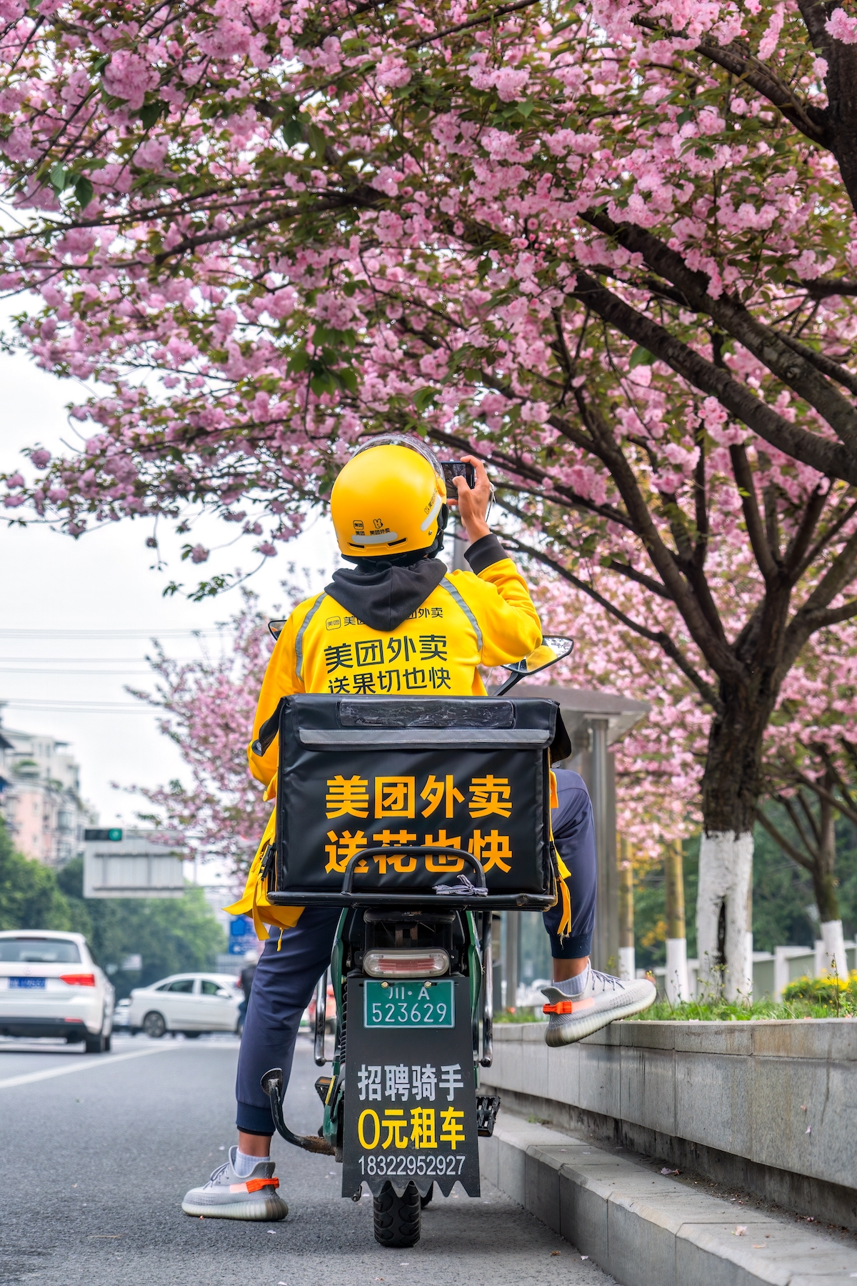 A Meituan driver rides on a street lined in flowering trees