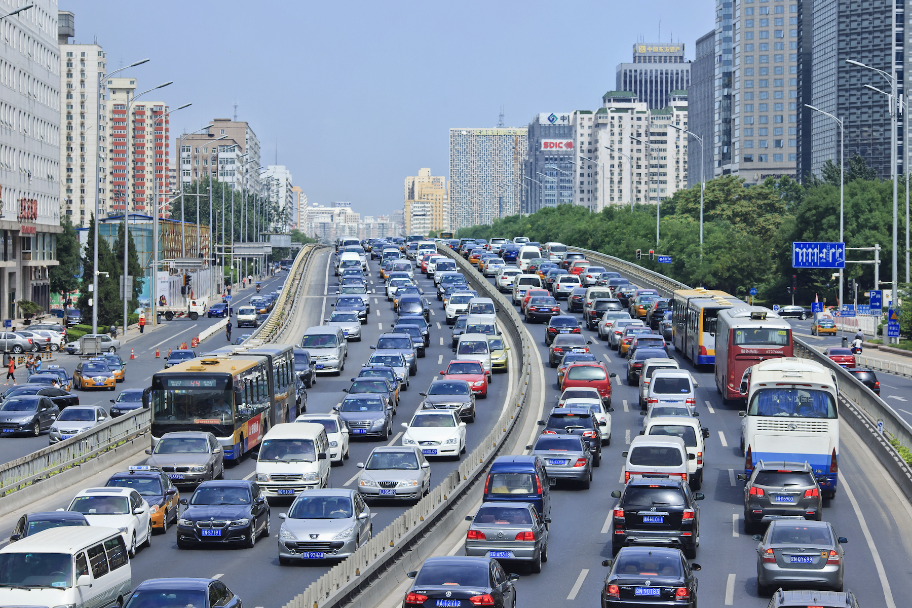 Vehicles sit in traffic on a highway in China