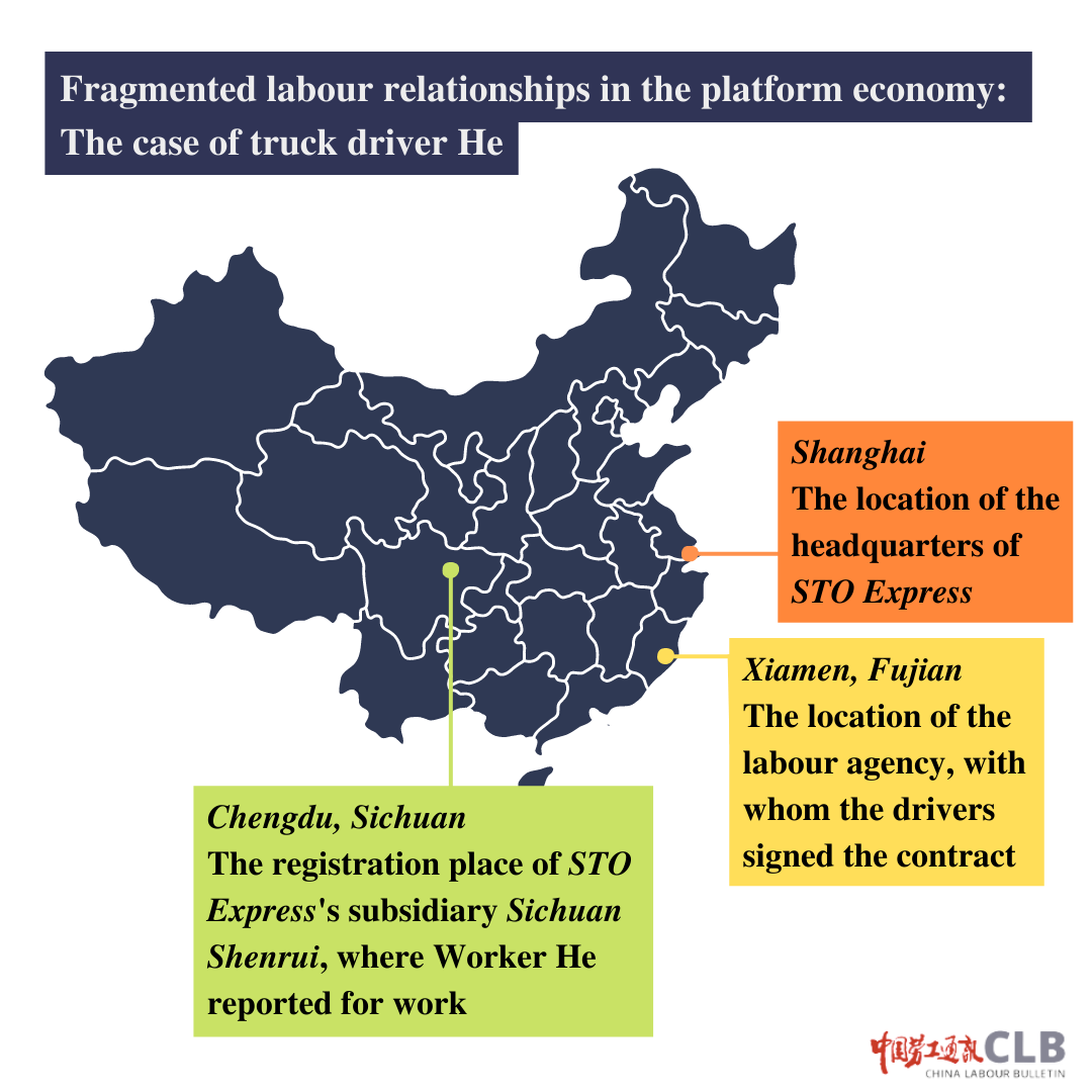 A CLB graphic shows a map of China, highlighting Shanghai where STO is headquartered, Xiamen, the location of the labour agency, and Chengdu, where the workers performed their labour.