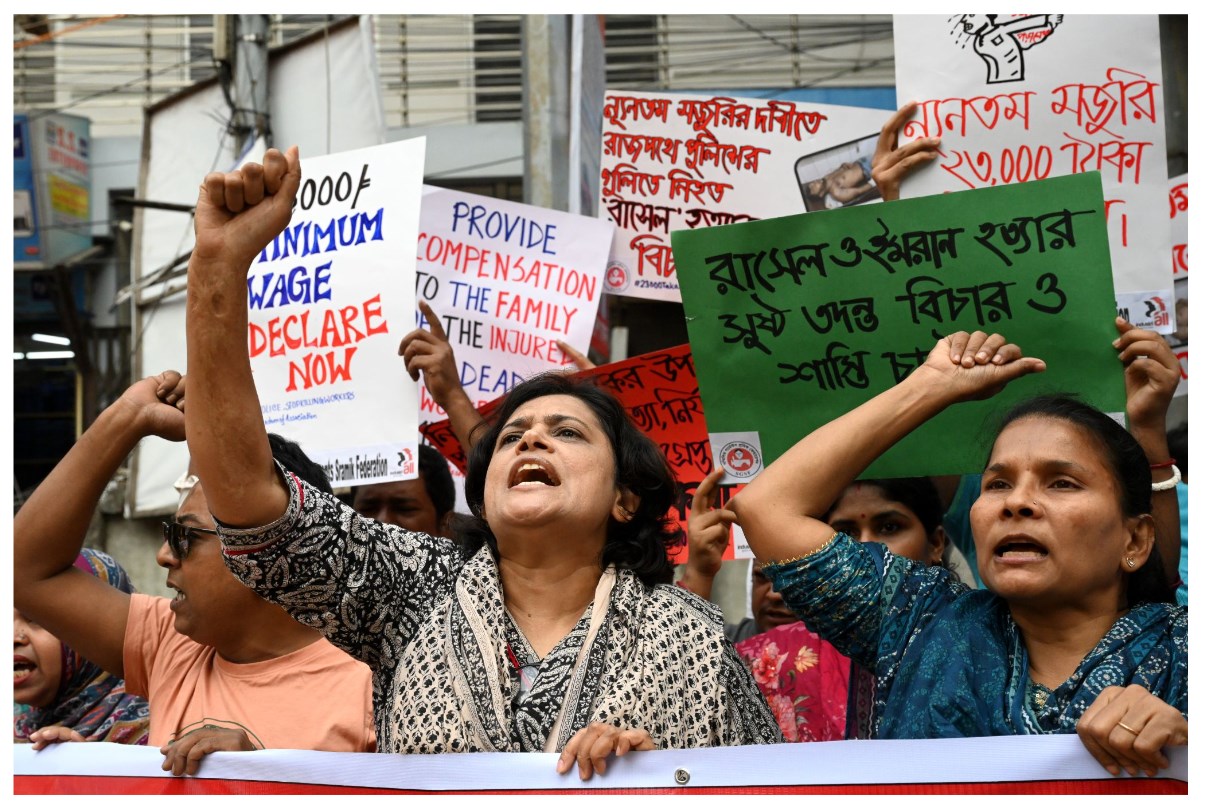 Photo: Activists of different garment workers' unions take part in a protest in front of the Minimum Wage Board office demanding rising ahead of a new minimum wage in Dhaka, Bangladesh, on November 7, 2023